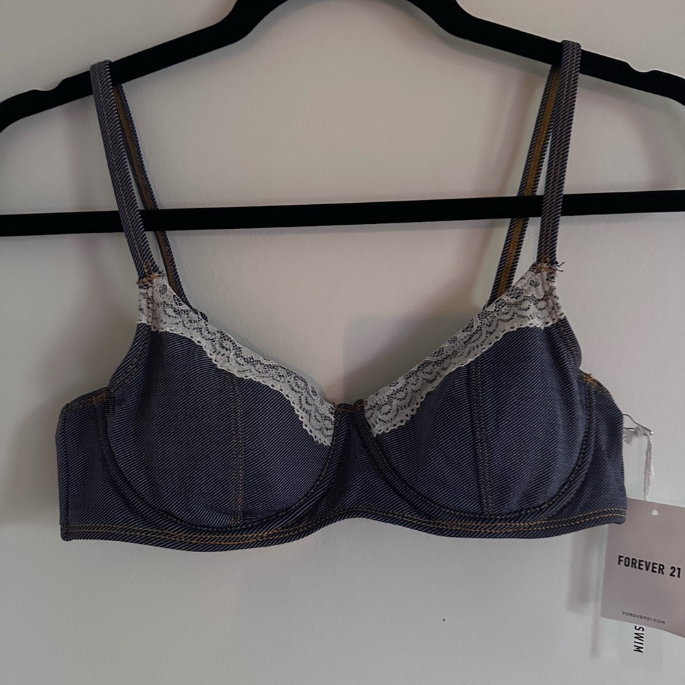 Forever 21 Blue and White Denim Lace Trim Swim Bra
